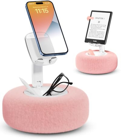 Viozon Phone Stand with Pillow, Phone Holder for Bed, Kindle Holder, Compatible with 3.5-7 Devices, with Small Storage Bowl, Height Angle Adjustable, Detachable Pillow, Pink