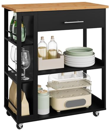 WOLTU Küchenwagen mit Arbeitsplatte, Servierwagen mit Rollen, Rollwagen mit Schublade offenen Ablagen, Küchenrollwagen mit Bremsen, 73x88x38 cm, Bambus Holzoptik + Schwarz