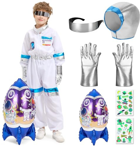 Lozzzyo Costume di Astronauta per Carnevale Bambini con Casco, Guanti e Cohete Gonfiabile - Costume Astronauta Ideale per Bambini e Bambine, Perfetto per Carnevale e Spettacoli Teatrali (L)