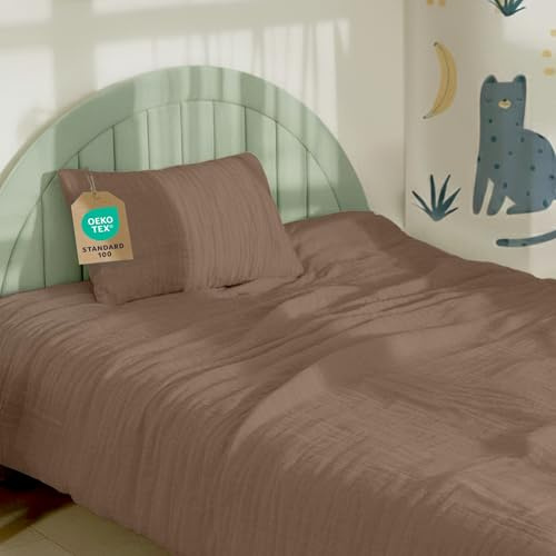 Dreamzie Parure de Lit 100x135 Enfant en 100% Coton - Housse de Couette Gaze de Coton 100x135 cm + Taie d'oreiller 40x60 cm, Certifié Oeko-TEX - Couleur Moka
