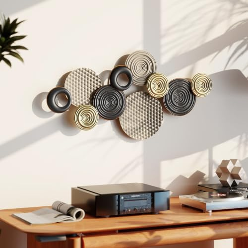 HOMCOM Arte mural 3D metal colgante círculo decoración Caqui Negro Oro | Esculturas de pared, salón, dormitorio, comedor