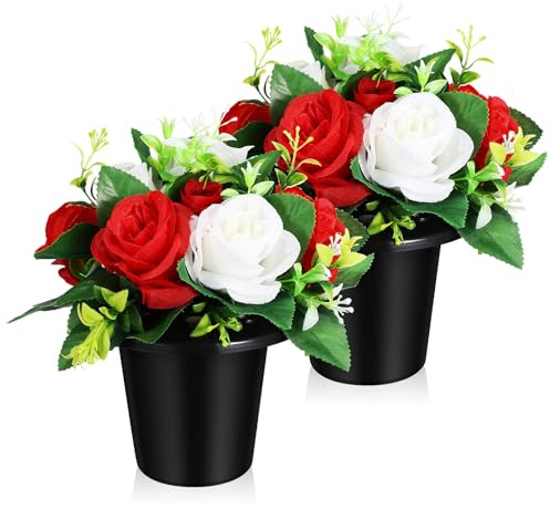 Lurrose 2 Pezzi Fiori Artificiali per Cimitero in Vaso, Composizioni Floreali Funebri Resistenti per Esterni, Decorazioni Commemorative per Tombe e Funerali, Dimensioni Piccole, Colori