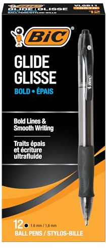 BIC Glide Bold Black Ballpoint Pens, Bold Point (1.6mm), 12-Count Pack, Retractable Ballpoint Pens With Comfortable Full Grip