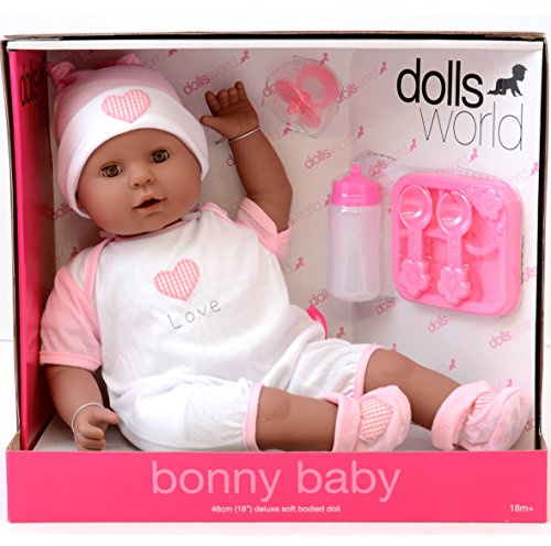 DOLLSWORLD from Peterkin | Bonny Baby | 46cm doll with sleeping eyes, deluxe clothing, bottle, dummy and feeding set | Dolls & Accessories | Ages 18m+