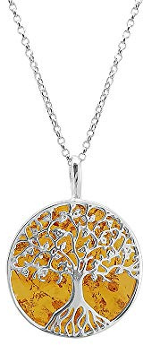 Kiara Jewellery 925 sterling silver stort livets träd hänge halsband set på en skiva av brun bärnsten på 45 cm italiensk diamantskuren rodium Belcher-kedja., Sterlingsilver, Amber