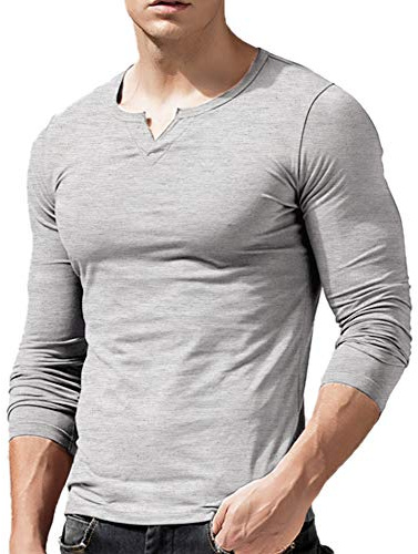 Men Slim Fit Long Sleeve Henley T-Shirt Casual V-Neck Undershirts Cotton Color Grey Size L