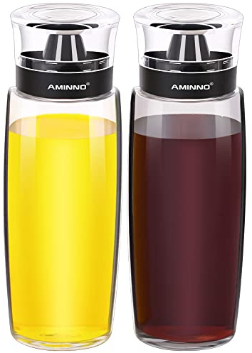 Aminno Oil and Vinegar Dispenser 2 Pack, Olive Oil and Vinegar Cruet Dispenser Bottle,Wide Opening(Easy Refilling) with lids, Sealed leakproof, Glass Oil Bottle for Kitchen Cooking, 9.5oz/280ml