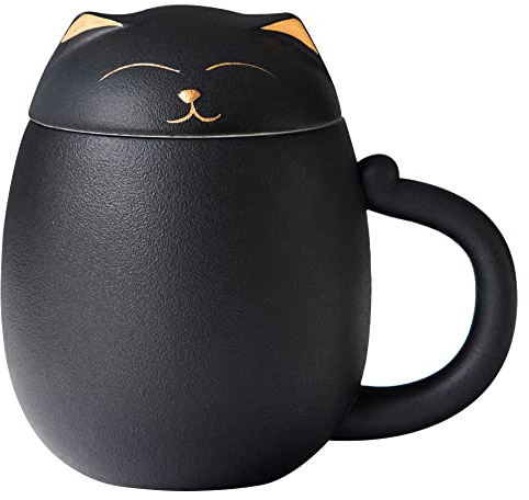 HEER Cat Tea Cup with Infuser and Lid - 13.5oz Ceramic Tea Mug - Cat Lover Gift for Friends Family. (Black)