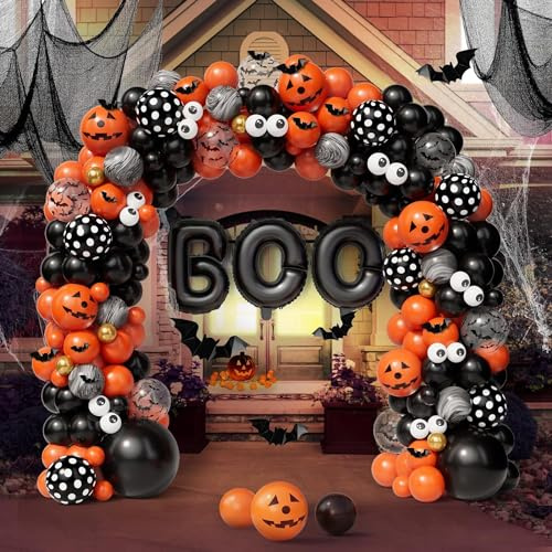 Halloween Balloon Garland Arch Kit - Black, Orange, Gold Eyes Balloons with BOO, 3D PVC Bats & Marble Agate for Haunted House Parties
