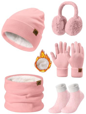 Niwicee Mütze Schal Handschuhe Damen Winter Set Fleece Gefütterte Wärmer Loop Schlauchschal Touchscreen Handschuhe Beanie Strickmütze Dicke Socken Plüsch Ohrenschützer Kombi Set 5 Stücke (Rosa)