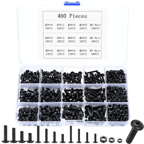 480 Pcs M3 M4 M5 Juego de Tornillos y Tuercas, Tornillos de Cabeza Plana y Tuercas, Métricos Tornillería Tornillos de Cabeza en Cruz con Tuercas Set, Tornillos de Cabeza en Arandela, Negra