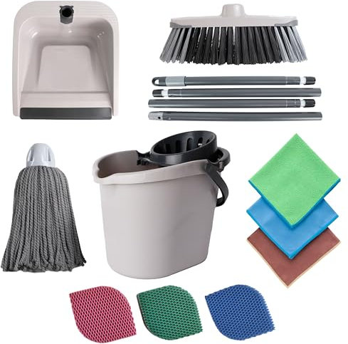 MAYA Set de Limpieza Completo Atomic. Limpieza Eficiente en Tu Hogar. Escoba Multiusos, Fregona, Recogedor Plegable, Cubo de 14L. Incluye Estropajos EVO Vajillas y Baños + 3 Bayetas Pack Hogar