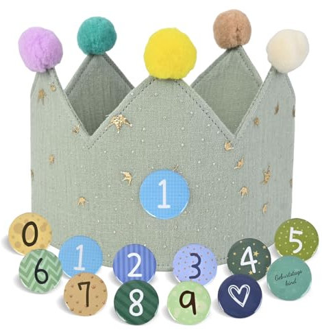JIAWWAN Corona di Compleanno per Bambini, Coroncina Stoffa Compleanno, Cappellino Corona Bambino con Numeri Intercambiabili da 0 a 9, Coroncina in Tessuto Compleannos per Ragazzi e Ragazze (Verde)