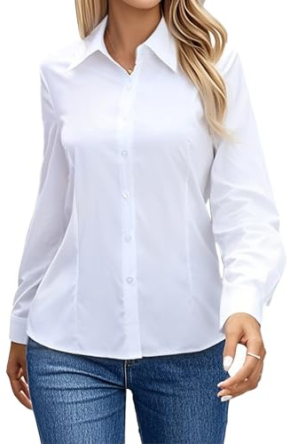 Women's Blouses Shirts Button Down Shirt Long Sleeve Dress Shirts White Ladies Basic Blouse Tops for Work Office Business (UK, Alpha, L, Regular, Regular, White)