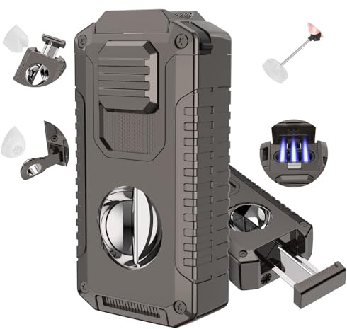 5-in-1 Multi-Functional Torch Lighter,Cutter and Punch, Needle, Holder, Luxury Gifts for Men Butane Refillable Windproof Lighter for Travel (Butane Gas not Included) (Charcoal)