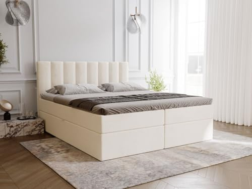 GRAINGOLD Mocca Lit 140x200, Boxspring avec Coffre de Rangement, Rembourré avec Matelas à Ressorts Bonell, Lit Double, Tissu en Velours, avec Surmatelas, avec Tête de Lit (Beige, 140x200)