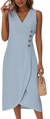 Générique Robe Longue Femme Ete Chic Et Elegant Été De Soiree Cocktail Robes Portefeuille Asymétrique Imprimé sans Manches Sexy Dress Pas Cher pour De Bal Mariage Noces De Fête Bleu Clair XL