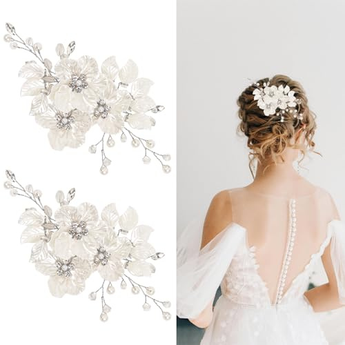 2 piezas de accesorios para el cabello de boda para mujer, accesorios para el cabello de novia con flores y perlas, tocado de novia para novias, damas de honor, mujeres y niñas (blanco)
