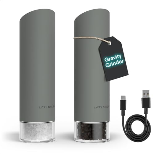 LARS NYSØM Gravity Grinder - Electric Salt & Pepper Grinder Set - USB-C Rechargeable Automatic Spice Grinder, Adjustable Coarseness, One-Handed Operation for Kitchen (Ash Gray)