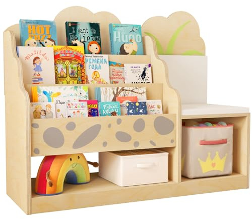 wingyz 4-in-1 Wooden 3-Tier Kids Bookshelf with Reading Nook Cushioned Bench Seat, Montessori Toy Storage with Book Shelf for Kids Rooms Nursery Playroom Living Room Classroom Preschool Gift