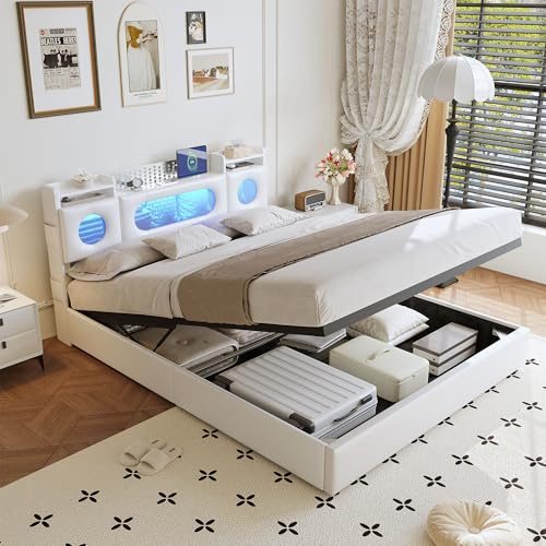 Letto baule 140 x 200 con LED e USB, letto matrimoniale con contenitore e testiera imbottita, telaio letto matrimoniale con doghe per adulti e adolescenti, senza materasso (bianco 7, 140 x 200 cm)
