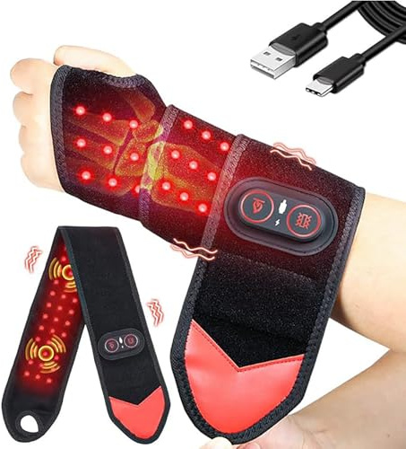 Massaggiatore da polso con luce rossa e vibrazioni, massaggiatore per mani wireless e cuscinetto termico, 3 livelli di calore (45-65°C) - fascia da polso riscaldabile per mano, braccio, ginocchio e