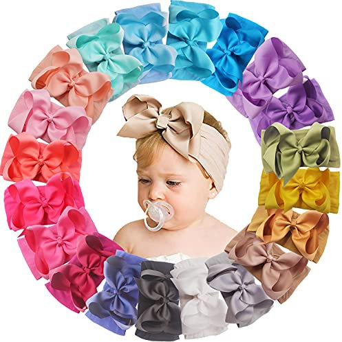 Yxiang 20pcs Baby Headbands with 6 Big Elastics Nylon Ribbon Bows Hair Accessories for Newborns, Infants, Toddlers, Kids