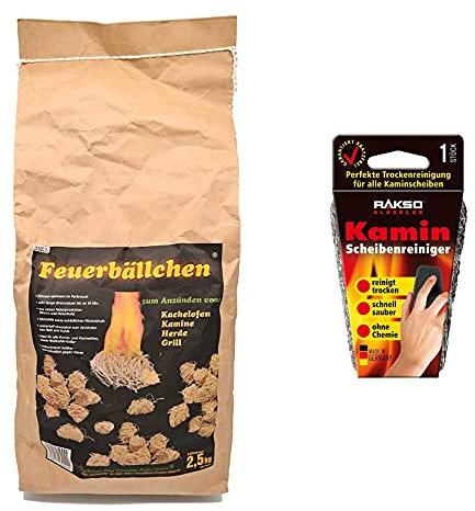 Raiffeisen Waren Feuerbällchen 2,5 kg + RAKSO Glas-Reiniger für Kamin-Scheiben 1 Stück (Brenndauer ca. 10 min, Anzünder + Reiniger ohne Chemie, reinigt ohne Schmieren + Verkratzen)