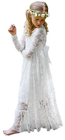 Aibaowedding Vestido de princesa bohemio para niña, con cinturón, línea A, largo, vestido de dama de honor, Blanco, 6 años