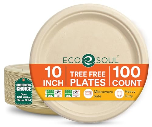 ECO SOUL Paper Plates (25Cm) 10 Disposable Plates - Natural (100-Pack) | Bagasse Plates, Plastic-free & compostable, Microwave & freezer safe, Leak-resistant strength, Eco Friendly biodegradable