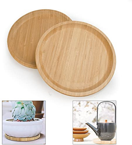 KBNIAN 2 Pièce Soucoupes en Bambou 20cm Plateau en Bambou Rond Soucoupe Bambou Plante Plateau de Service Rond Soucoupe Pot de Fleur Bois pour Tasses, Services à Thé, Vase, Collations