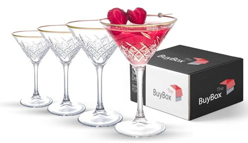 Juego de 4 Copas de Martini Vintage con Borde Dorado (230 ml/7.7oz). Copas de Cóctel, Copas de Martini Espresso, Copas Margarita, Copas Prosecco, Copas Coupe, Copas Champagne Cristal con Tallo Largo