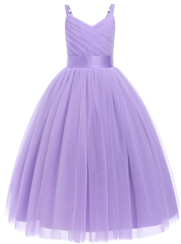 IMEKIS Vestido de fiesta para niña de flores, dama de honor, sin mangas, cuello en V, volantes, tul, tutú, elegante, para primera comunión, cumpleaños, desfile, morado, 7 años
