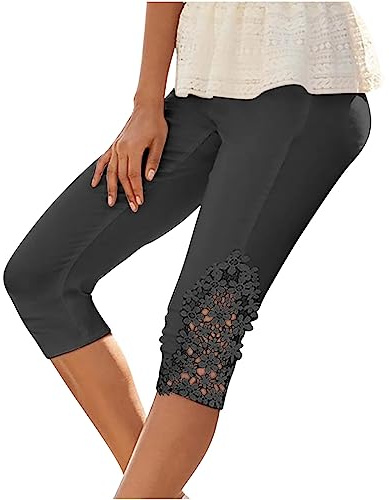 KUIH Womens Capri Lace Trim Leggings Ladies Three Quarter Trousers Soft 3/4 Cropped Elasticated Waist Yoga Pants UK Ladies Stretch Pull on Trousers Stretchy Soft Tights Gym Shorts for Jogging
