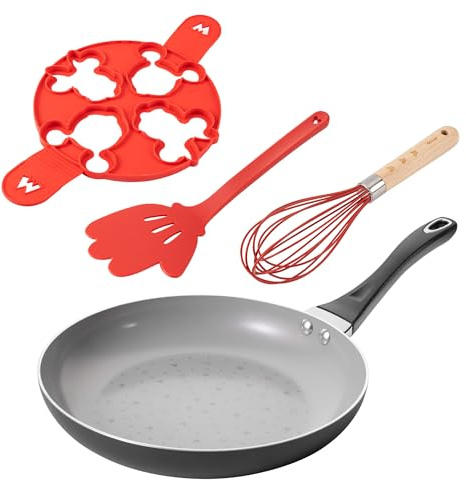 Prestige Disney Non Stick Ceramic Pancake Pan & Utensil Set for Pancake Day – 28cm Non Stick Induction Hob Frying Pan for Crepes, Pancake Turner, Large Multi Pancake Mould, Balloon Whisk Small