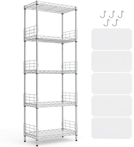 LINSY Home Étagère sur Pied à 5 étagères, étagère en métal, étagère en Treillis en métal, étagère de Rangement Noire avec Crochets Amovibles pour Cave, Salon, Bureau, Charge jusqu'à 225 kg, 54 x 29 x