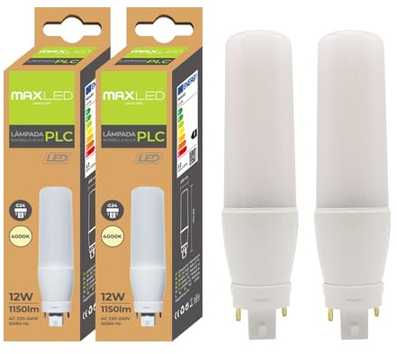 Maxled, Light is Led! Pack de 2 Bombillas LED G24 2-Pin PLC Tubo 12W Blanco Neutro 4000K Equivalente a 90W 1150LM Lámpara LED de Alta Eficiencia Apto Para Cocina Dormitorio Comedor No Regulable