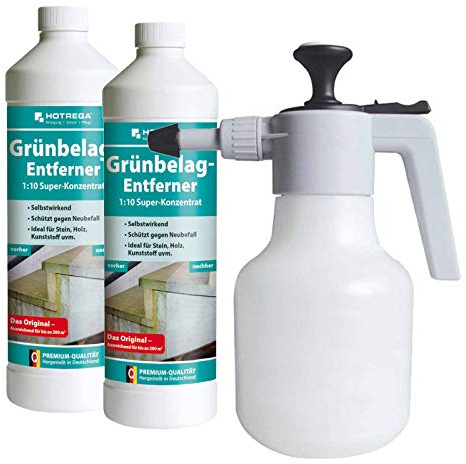 HOTREGA Grünbelagentferner 1:10 Super-Konzentrat 2x 1 Liter | Entfernt Algen & Grünbeläge von Stein, Holz, Kunststoff und Keramik | inkl. Druckspritze