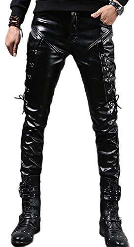 Idopy Men`s Rock Steampunk Lace Up PU Leather Pants Slim Fit Trousers