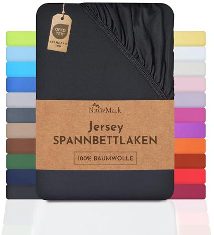NatureMark Jersey Spannbettlaken, Spannbetttuch 100% Baumwolle in vielen Größen und Farben MARKENQUALITÄT ÖKOTEX Standard 100 | 120x200 cm - schwarz