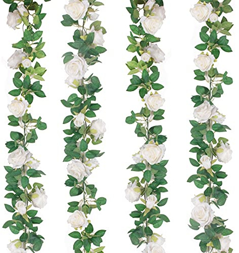 TELDRASSIL 4Pcs(26 FT) Artificial Rose Vine Fake Flower Garland Fake Silk Rose Hanging Vine for Wedding Party Background Arch Garden Background Decoration (White)
