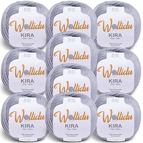 Wollidu Kira 100% Baumwolle zum Stricken und Häkeln 10 x 50g Set Häkelgarn Strickgarn - Hellgrau