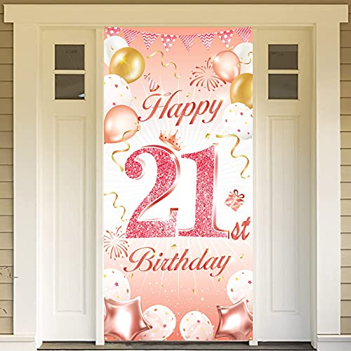 DPKOW Oro Rosa 21 Años Cumpleaños Decoración Mujer, Oro Rosa Fondo Pancarta para Mujer 21 Años Cumpleaños Decoracion para Puerta Mesa Jardín, 185 x 90cm