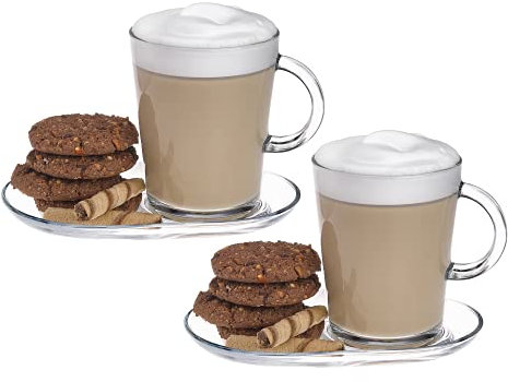 DESTALYA Set di tazze da caffè con manici e piattini, in vetro trasparente, con manico, per bevande calde e fredde, tè, espresso, cappuccino, cioccolata calda