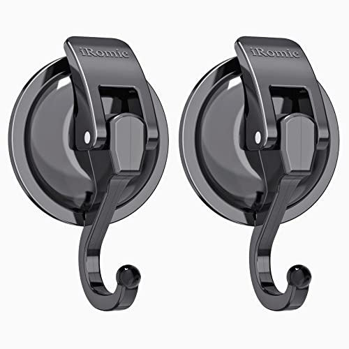 iRomic Heavy Duty Vacuum Suction Cup Hooks (2Pack) for Shower,Glass Window,Kitchen&Bathroom&Restroom Organization，Gun Silver.
