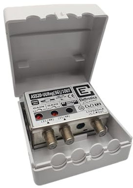 ASS20-UUReg(5G)/1OUT - Amplificatore Antenna TV con Filtro 5G, 2 Ingressi UHF, Guadagno 20dB, Amplificatore Antenna 1 Uscita, Tele-Alimentazione 12 Volt, Made in Italy