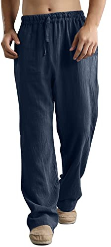 DGZTWLL Pantalon en lin pour homme, grand et grand, cordon de serrage élastique, jambes larges, pantalon de plage en coton, poches de pyjama, 1-Bleu marine, Taille 3XL