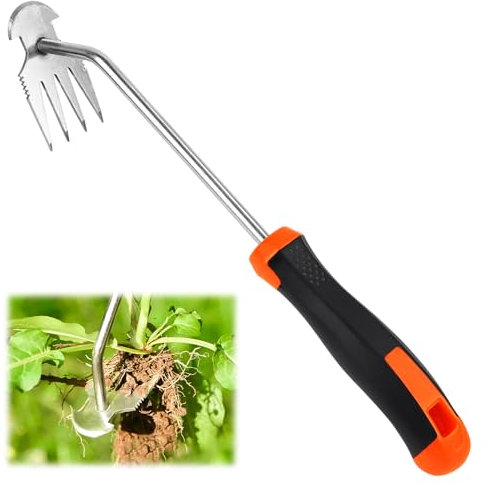 Byffoer Désherbeur manuel pour le jardinage - Outil de désherbage - Outil de jardinage - Outil de jardinage - Outil de désherbage manuel - Avec manche - Poignée en caoutchouc - 4 dents