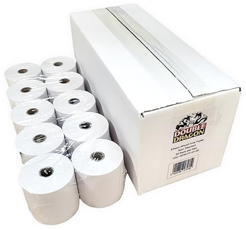 Double Dragon 57x57mm 1-Ply Carbonless Paper Rolls |Non-Thermal for Kitchen Printer, Printing Calculator, Cash Register, Adding Machine, Dot Matrix Impact Printer (20 Rolls)