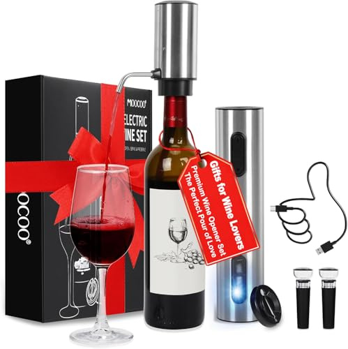 Moocoo Electric Wine Opener Gift Set, Automatic Electric Wine Bottle Corkscrew Opener Rechargeable with Foil Cutter, Automatic Aerator, 2 Vacuum Stoppers for Home Bar Outdoor Parties, Stainless Steel